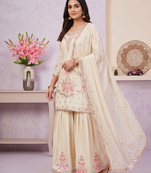 Cream embroidered silk blend sharara suit set with dupatta