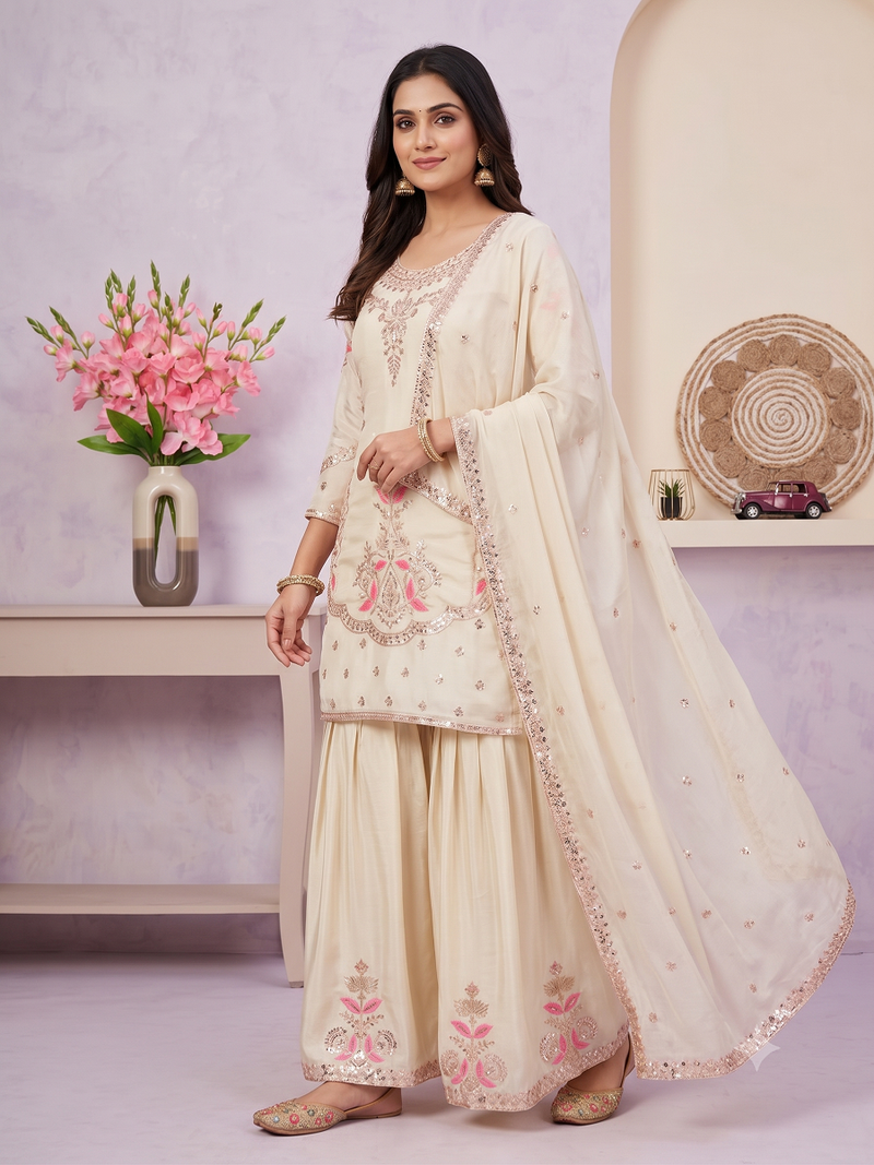 Cream embroidered silk blend sharara suit set with dupatta