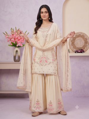 Cream embroidered silk blend sharara suit set with dupatta 2