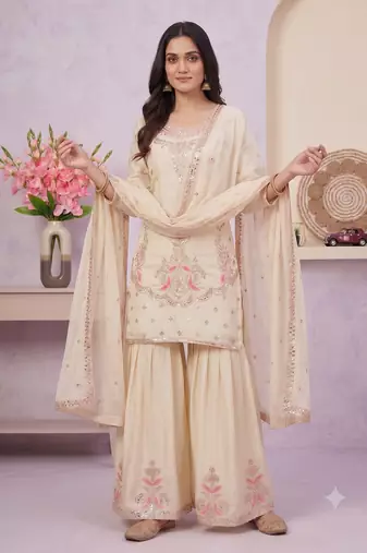 Cream embroidered silk blend sharara suit set with dupatta