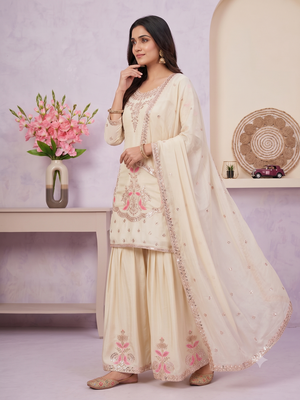 Cream embroidered silk blend sharara suit set with dupatta 3