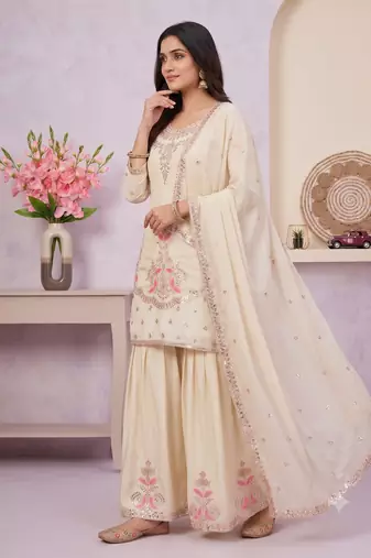 Cream embroidered silk blend sharara suit set with dupatta