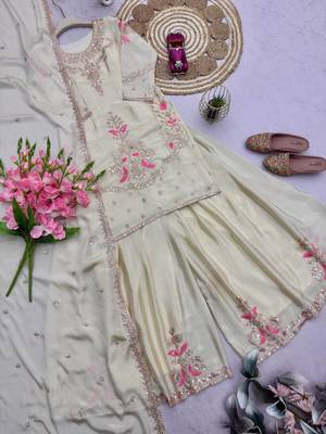 Cream embroidered silk blend sharara suit set with dupatta 4
