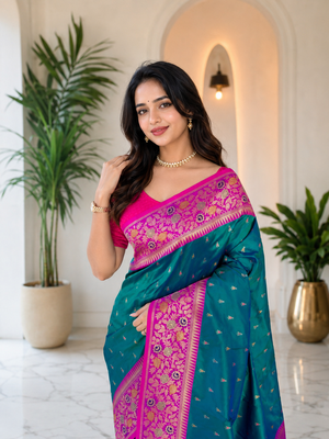 teal colour zari woven buttas contrast pallu silk blend saree 1