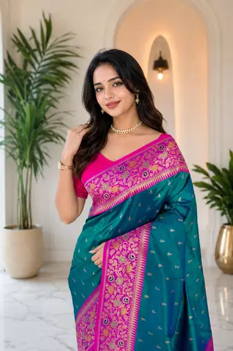 teal colour zari woven buttas contrast pallu silk blend saree