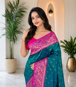 teal colour zari woven buttas contrast pallu silk blend saree