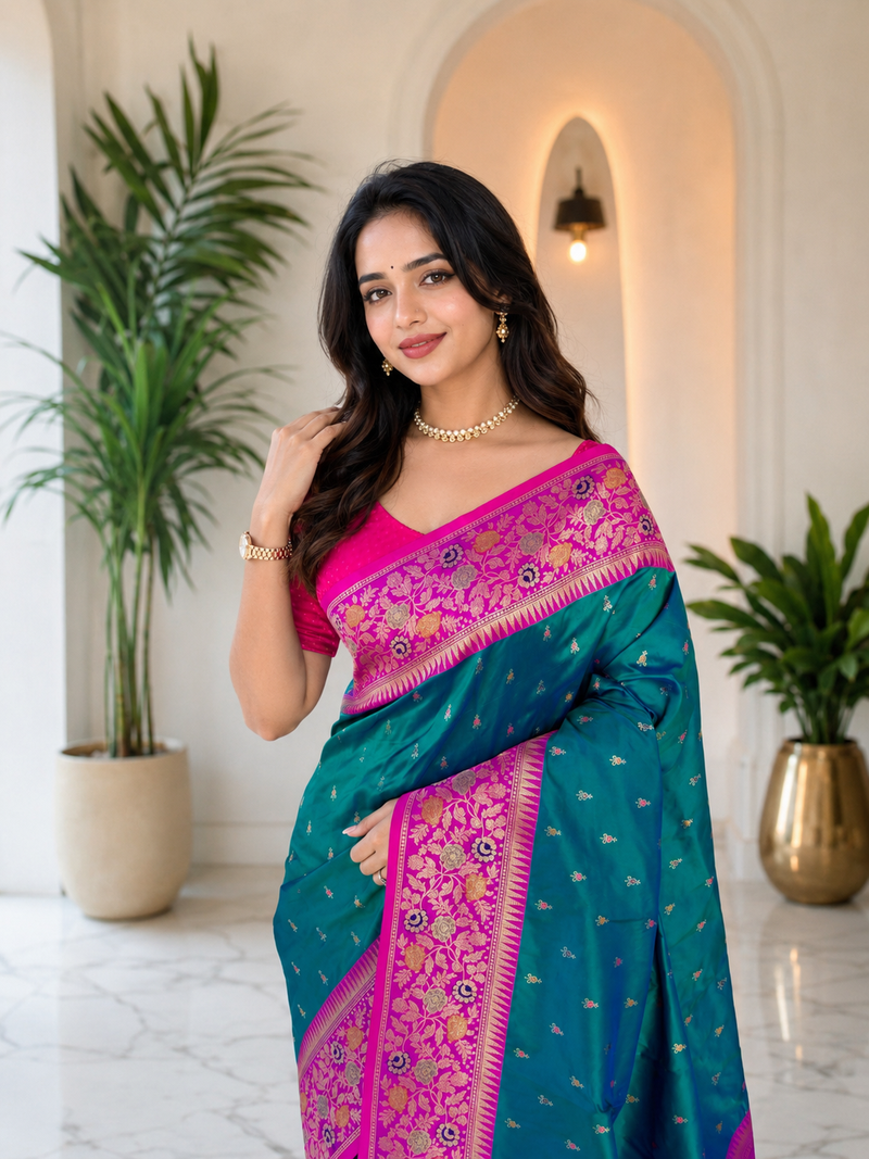 teal colour zari woven buttas contrast pallu silk blend saree