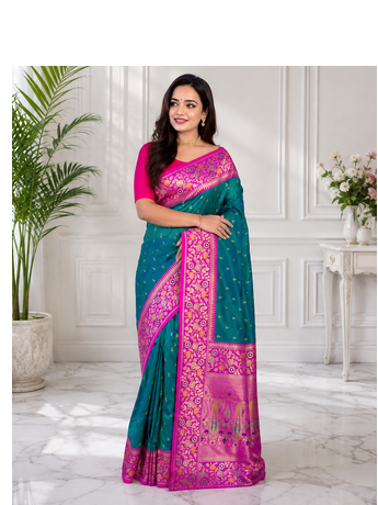 teal colour zari woven buttas contrast pallu silk blend saree 2