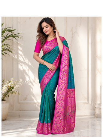 teal colour zari woven buttas contrast pallu silk blend saree 3