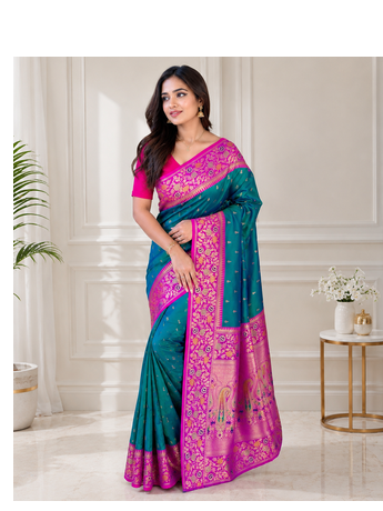 teal colour zari woven buttas contrast pallu silk blend saree 4