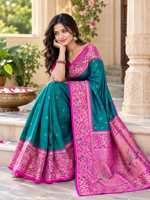 teal colour zari woven buttas contrast pallu silk blend saree 5