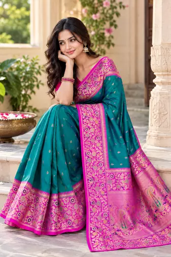 teal colour zari woven buttas contrast pallu silk blend saree