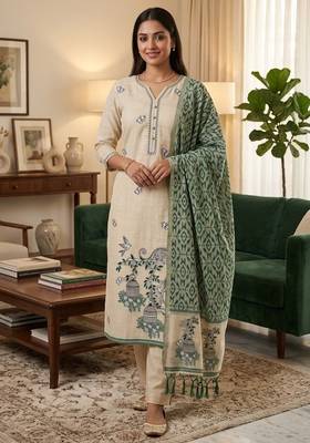 Green muga cotton jamdani pichwai weaving 3 pc salwar suit 1