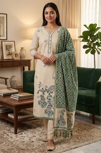 Green muga cotton jamdani pichwai weaving 3 pc salwar suit
