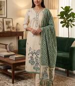 Green muga cotton jamdani pichwai weaving 3 pc salwar suit