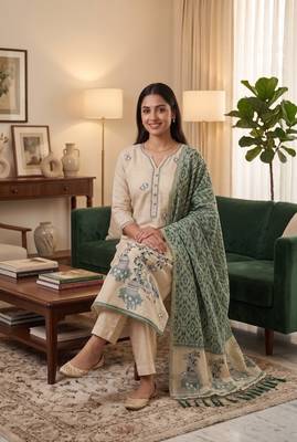 Green muga cotton jamdani pichwai weaving 3 pc salwar suit 3