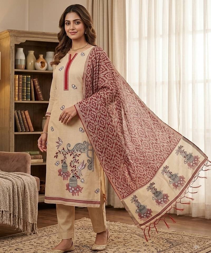 Maroon muga cotton jamdani pichwai weaving 3 pc salwar suit