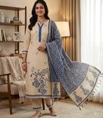 Navy blue muga cotton jamdani pichwai weaving 3 pc salwar suit