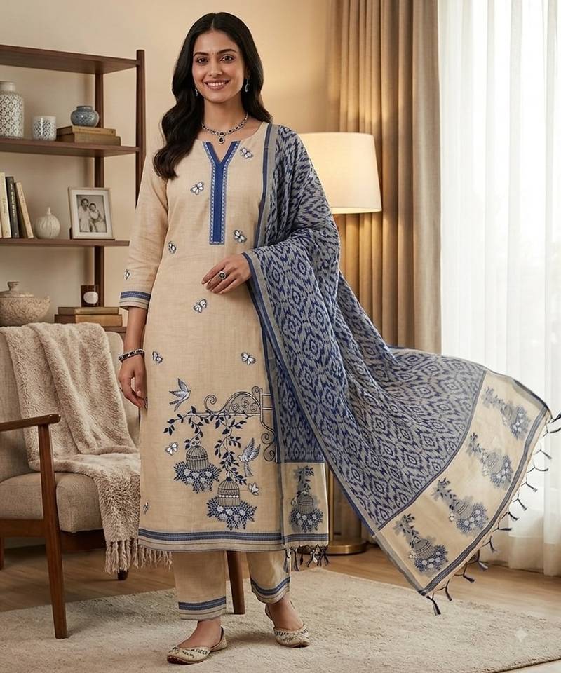 Navy blue muga cotton jamdani pichwai weaving 3 pc salwar suit