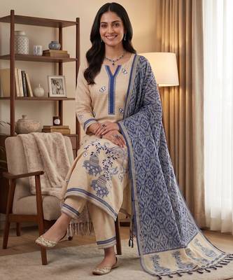 Navy blue muga cotton jamdani pichwai weaving 3 pc salwar suit 3