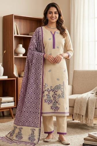 Purple muga cotton jamdani pichwai weaving 3 pc salwar suit