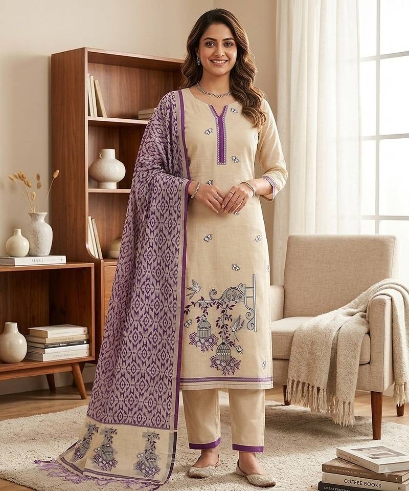 Purple muga cotton jamdani pichwai weaving 3 pc salwar suit