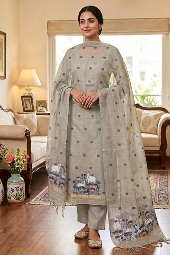 Grey muga cotton jamdani pichwai weaving 3 pc salwar suit