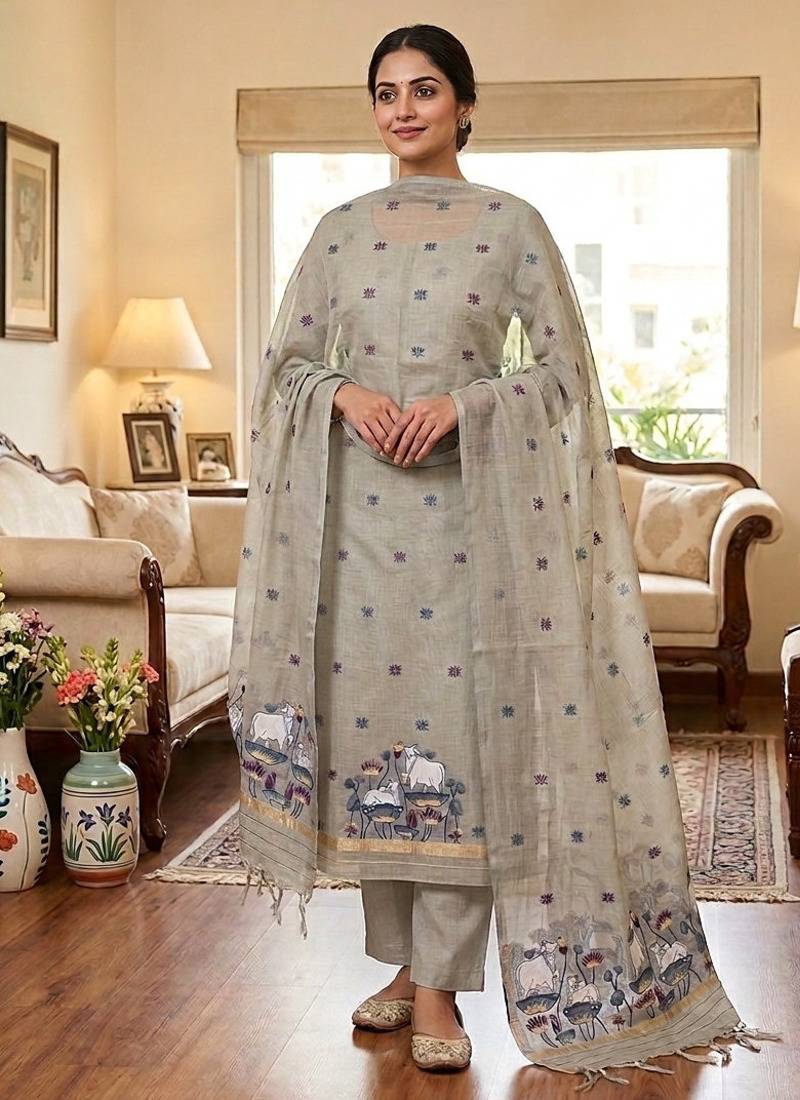 Grey muga cotton jamdani pichwai weaving 3 pc salwar suit