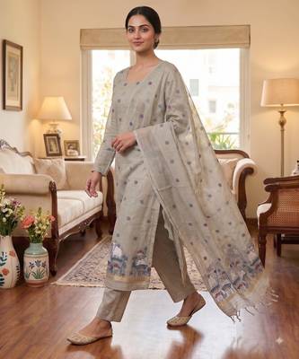 Grey muga cotton jamdani pichwai weaving 3 pc salwar suit 2