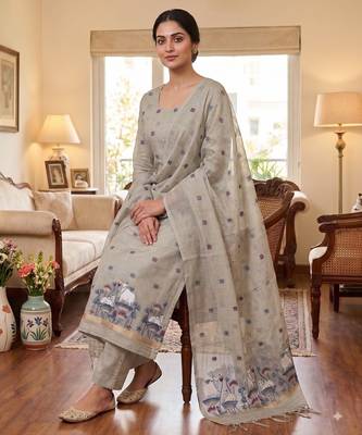 Grey muga cotton jamdani pichwai weaving 3 pc salwar suit 3