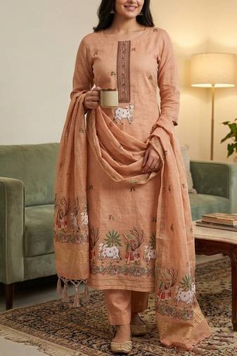 Peach muga cotton jamdani pichwai weaving 3 pc salwar suit