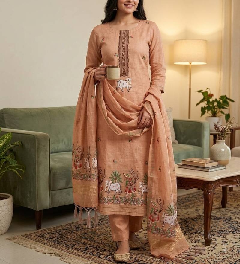Peach muga cotton jamdani pichwai weaving 3 pc salwar suit