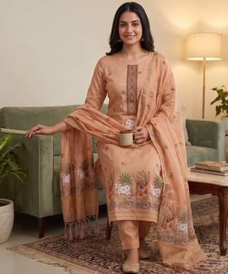 Peach muga cotton jamdani pichwai weaving 3 pc salwar suit 2