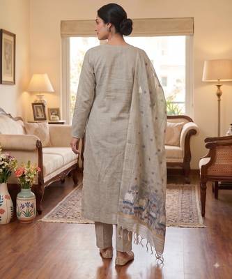 Grey muga cotton jamdani pichwai weaving 3 pc salwar suit 4