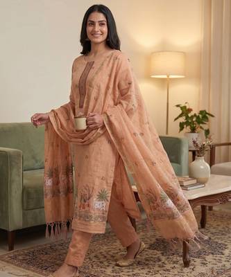 Peach muga cotton jamdani pichwai weaving 3 pc salwar suit 3