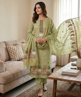 Pista green muga cotton jamdani pichwai weaving 3 pc salwar suit 1