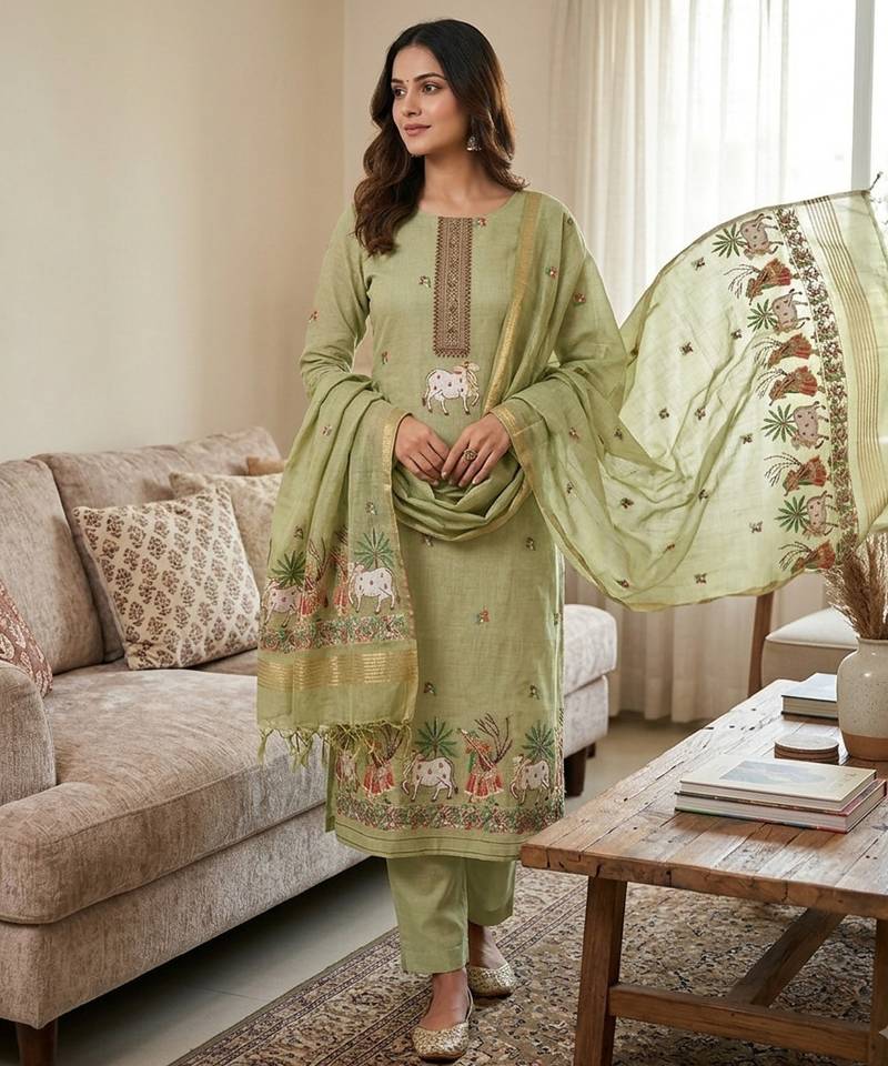 Pista green muga cotton jamdani pichwai weaving 3 pc salwar suit