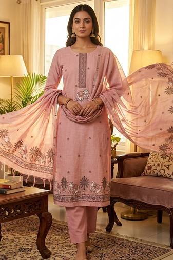 Pink muga cotton jamdani pichwai weaving 3 pc salwar suit