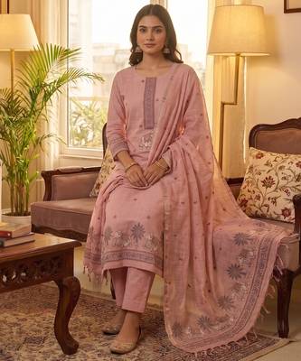 Pink muga cotton jamdani pichwai weaving 3 pc salwar suit 2