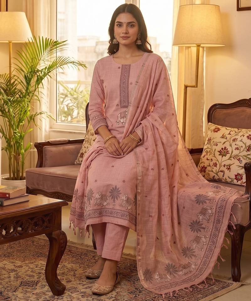 Pink muga cotton jamdani pichwai weaving 3 pc salwar suit
