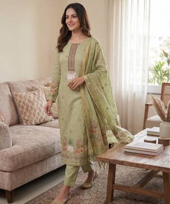 Pista green muga cotton jamdani pichwai weaving 3 pc salwar suit 2