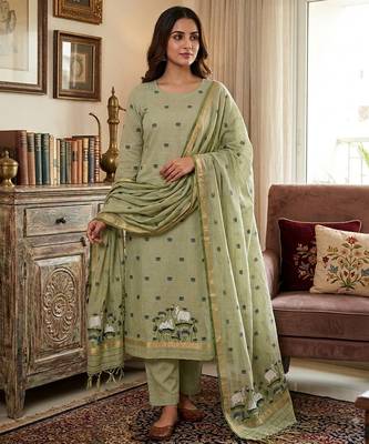 Green muga cotton jamdani pichwai weaving 3 pc salwar suit 1