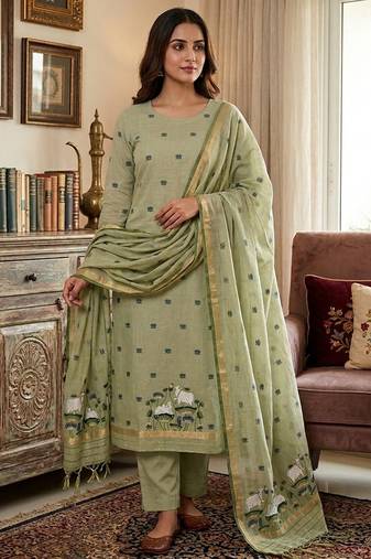 Green muga cotton jamdani pichwai weaving 3 pc salwar suit