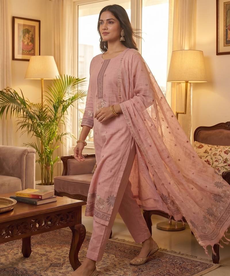 Pink muga cotton jamdani pichwai weaving 3 pc salwar suit