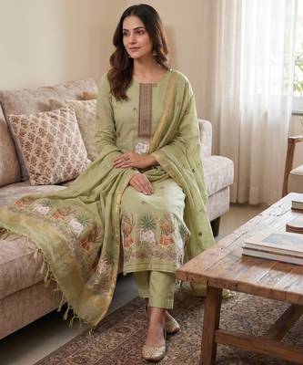 Pista green muga cotton jamdani pichwai weaving 3 pc salwar suit 3