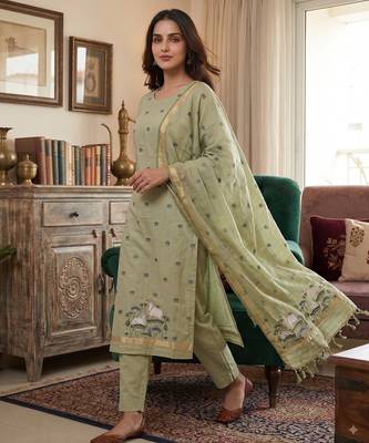 Green muga cotton jamdani pichwai weaving 3 pc salwar suit 2