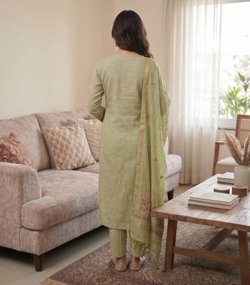 Pista green muga cotton jamdani pichwai weaving 3 pc salwar suit 4