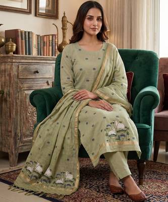 Green muga cotton jamdani pichwai weaving 3 pc salwar suit 3