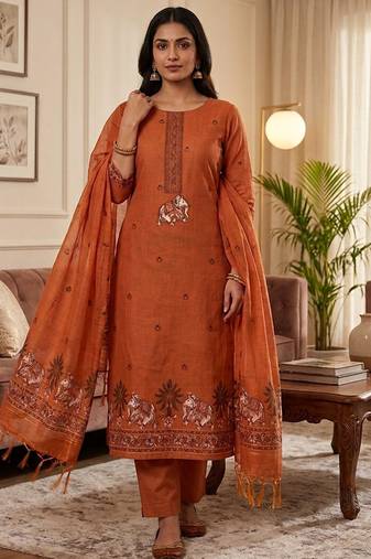 Orange muga cotton jamdani pichwai weaving 3 pc salwar suit