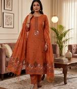 Orange muga cotton jamdani pichwai weaving 3 pc salwar suit